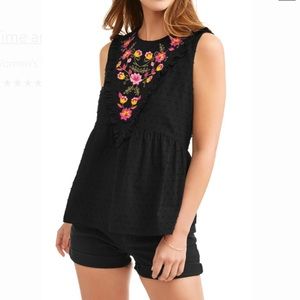 Cute Flowy Black Swiss Dot Embroidered Tank Top M